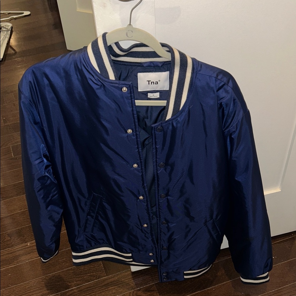TNA Navy Bomber Jacket with Striped Trim